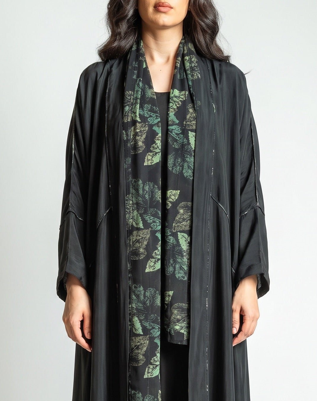 SS25R011-BG – Black Washed Silk Abaya - RIBBON - MIRA Y MANO