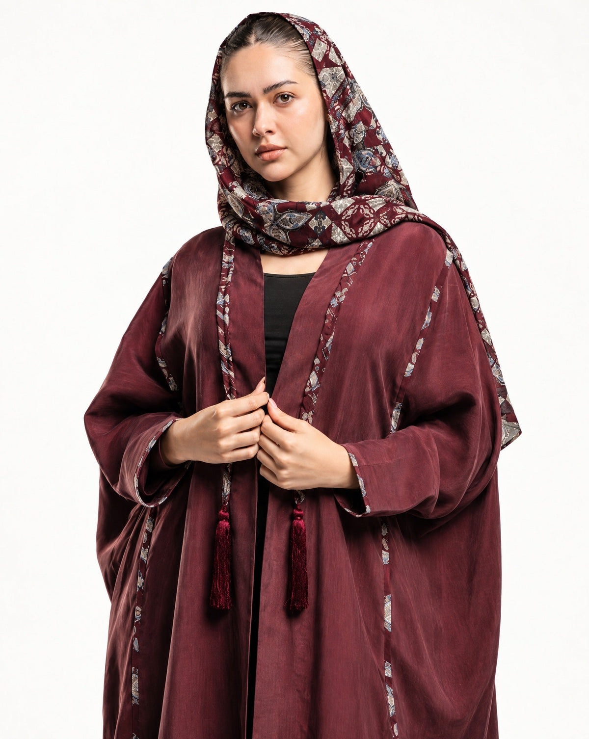 SS26R01-MR – Maroon Washed Silk Abaya - RIBBON - MIRA Y MANO