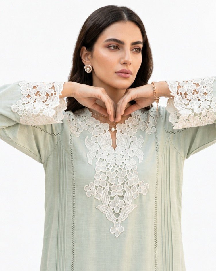 PD25RG239-LG – Light Green Cotton Mix Kaftan - SANIA MASKATIYA - MIRA Y MANO