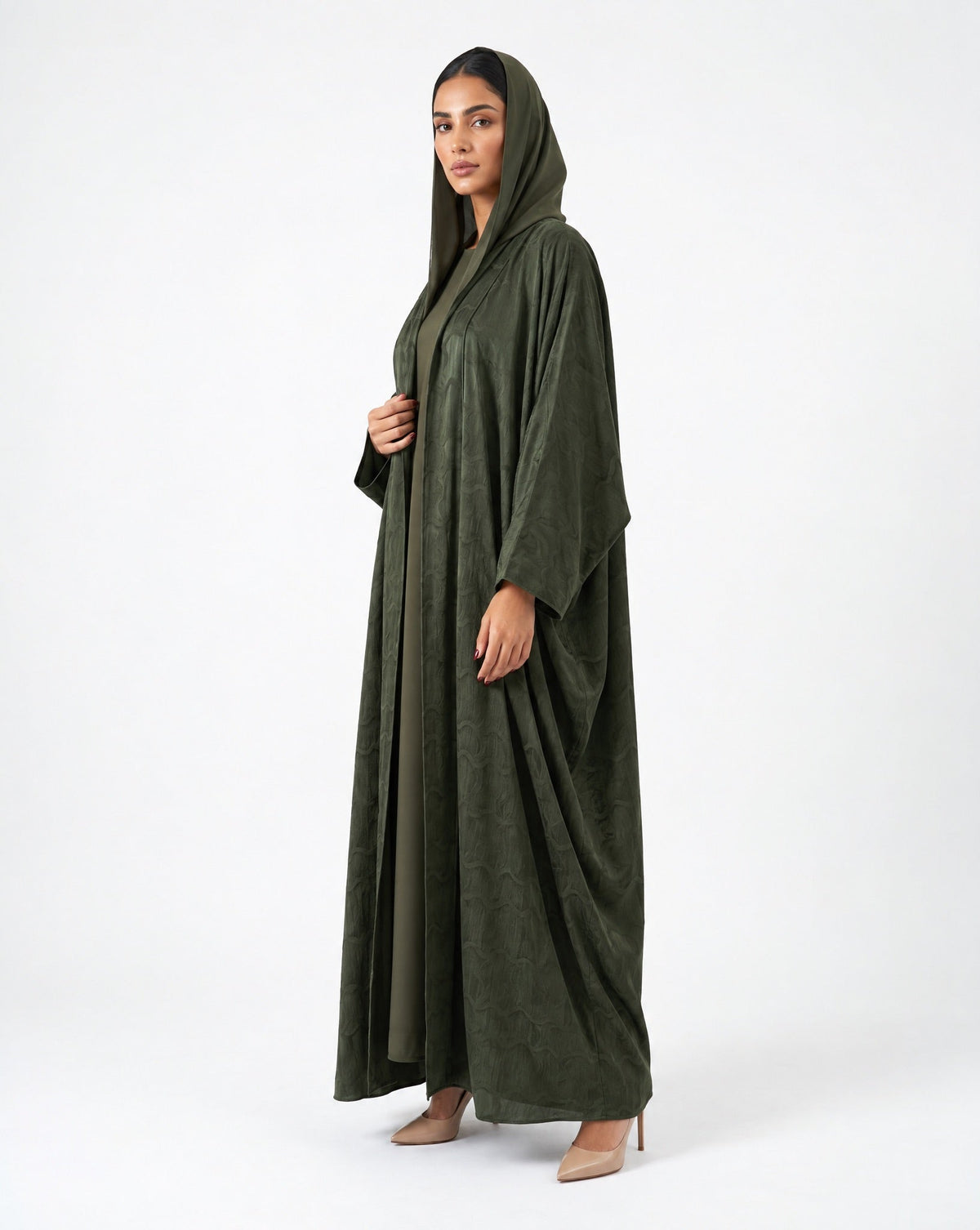 SISOATS1-OL – Dark Olive Green Washed Silk Abaya - SARA INTABI - MIRA Y MANO