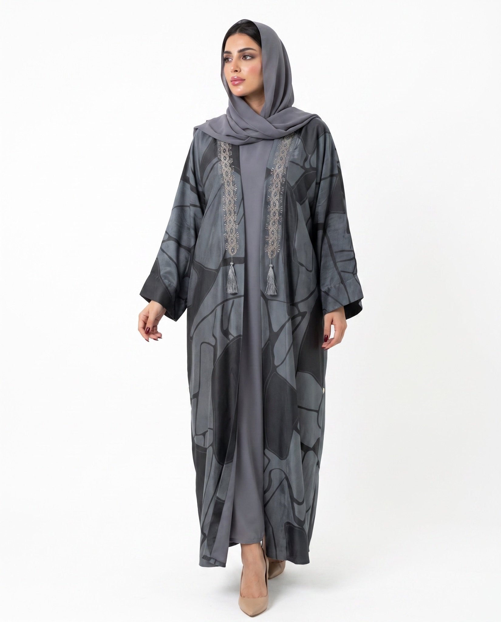 GB - Gray Silk Abaya - SASH - MIRA Y MANO