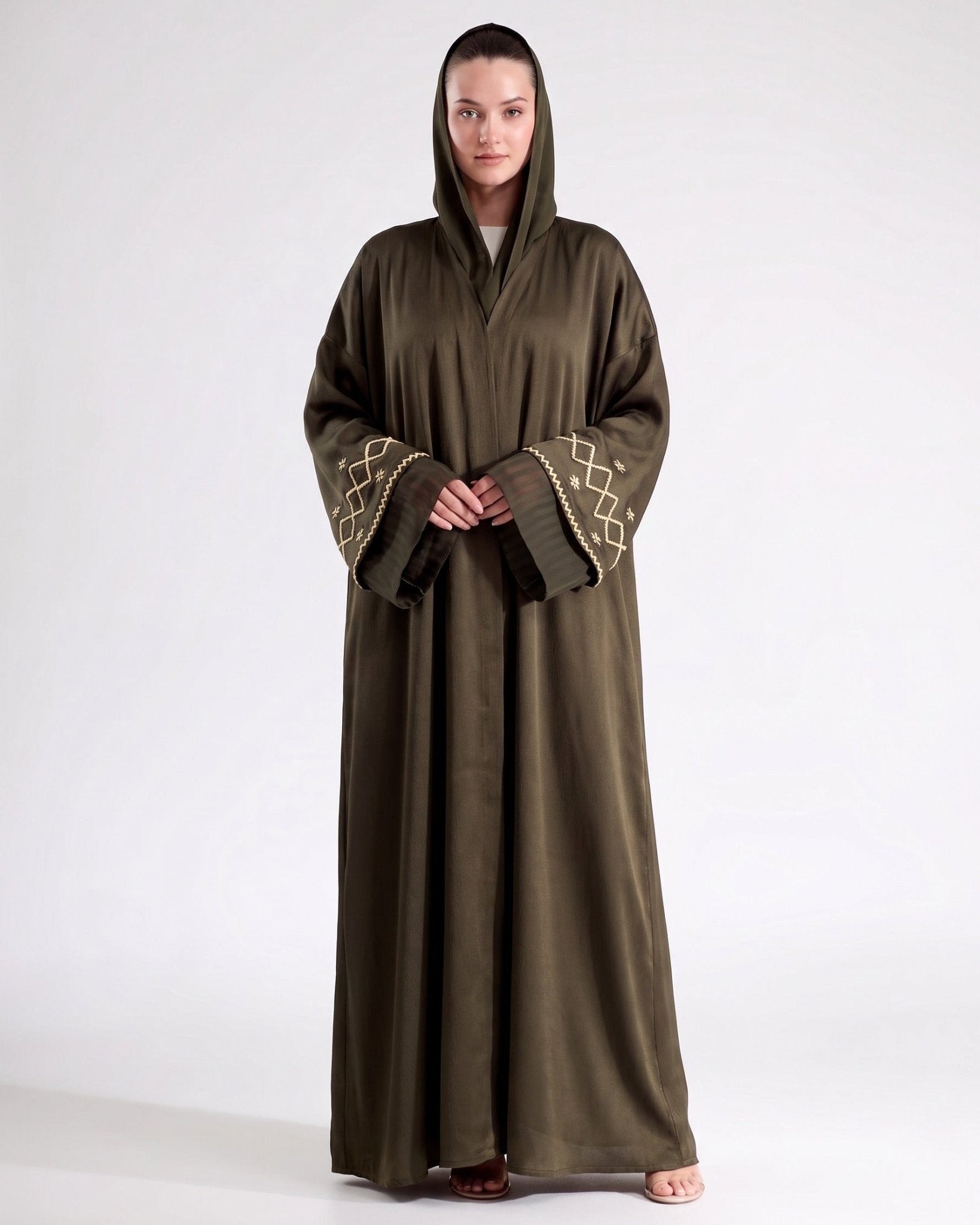 SS26STIT766 Dark Olive Green Crepe Abaya - STITCH LABEL - MIRA Y MANO
