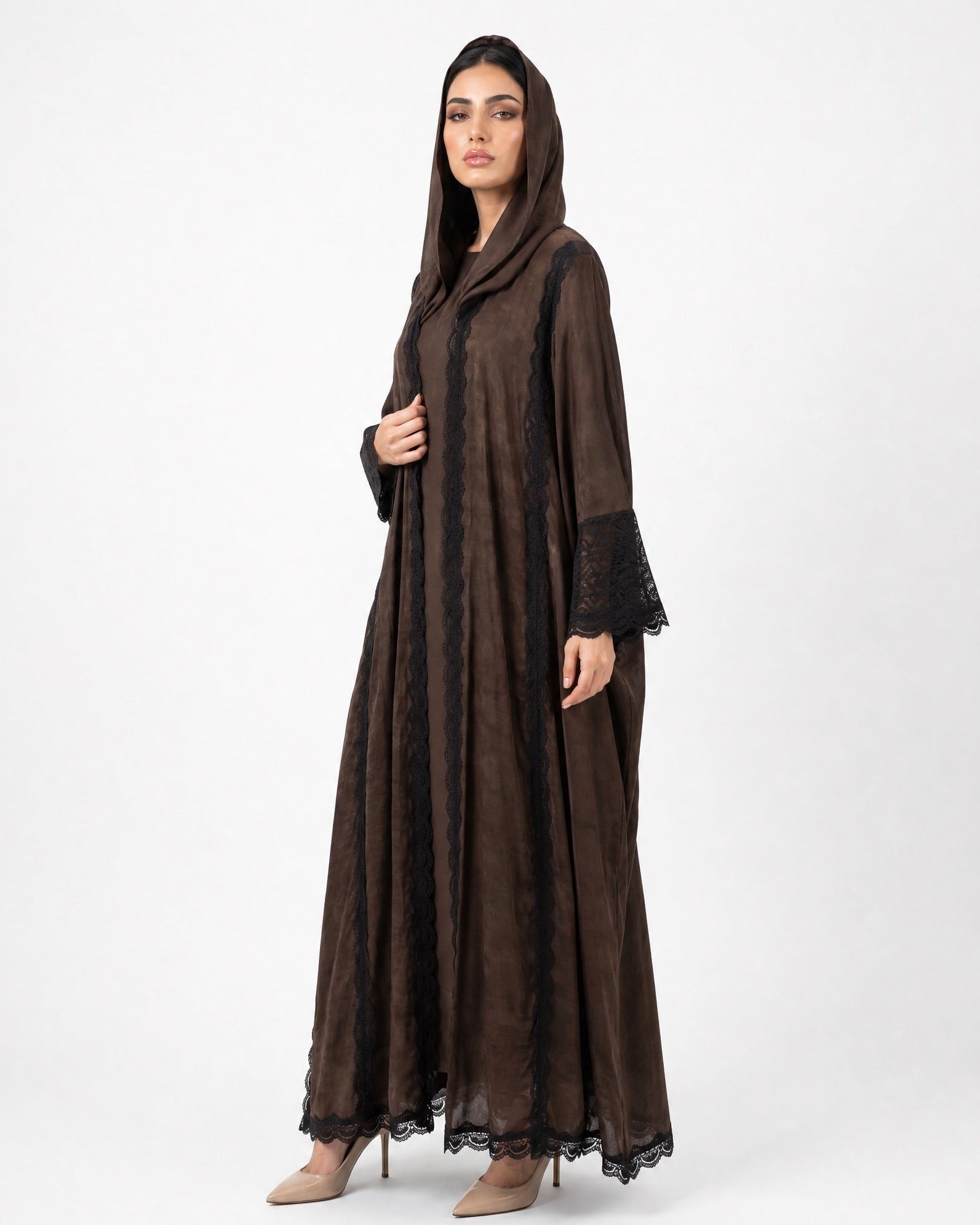560SU-BR-Saddle Brown Linen Abaya - SUZAN MUZAFFAR - MIRA Y MANO