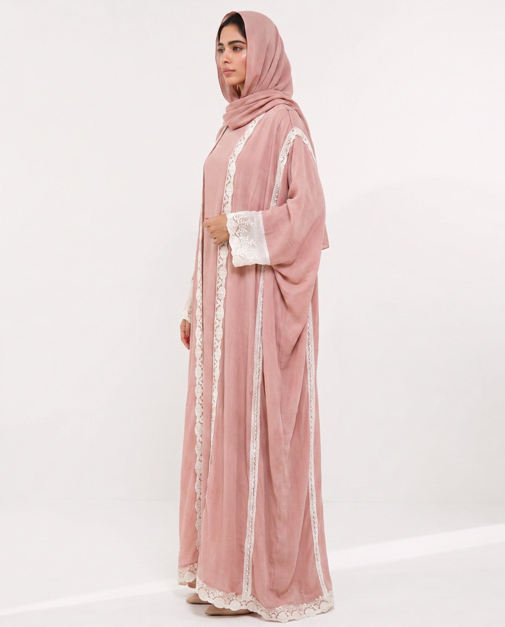 560SU-LP-Light Pink Linen Abaya - SUZAN MUZAFFAR - MIRA Y MANO