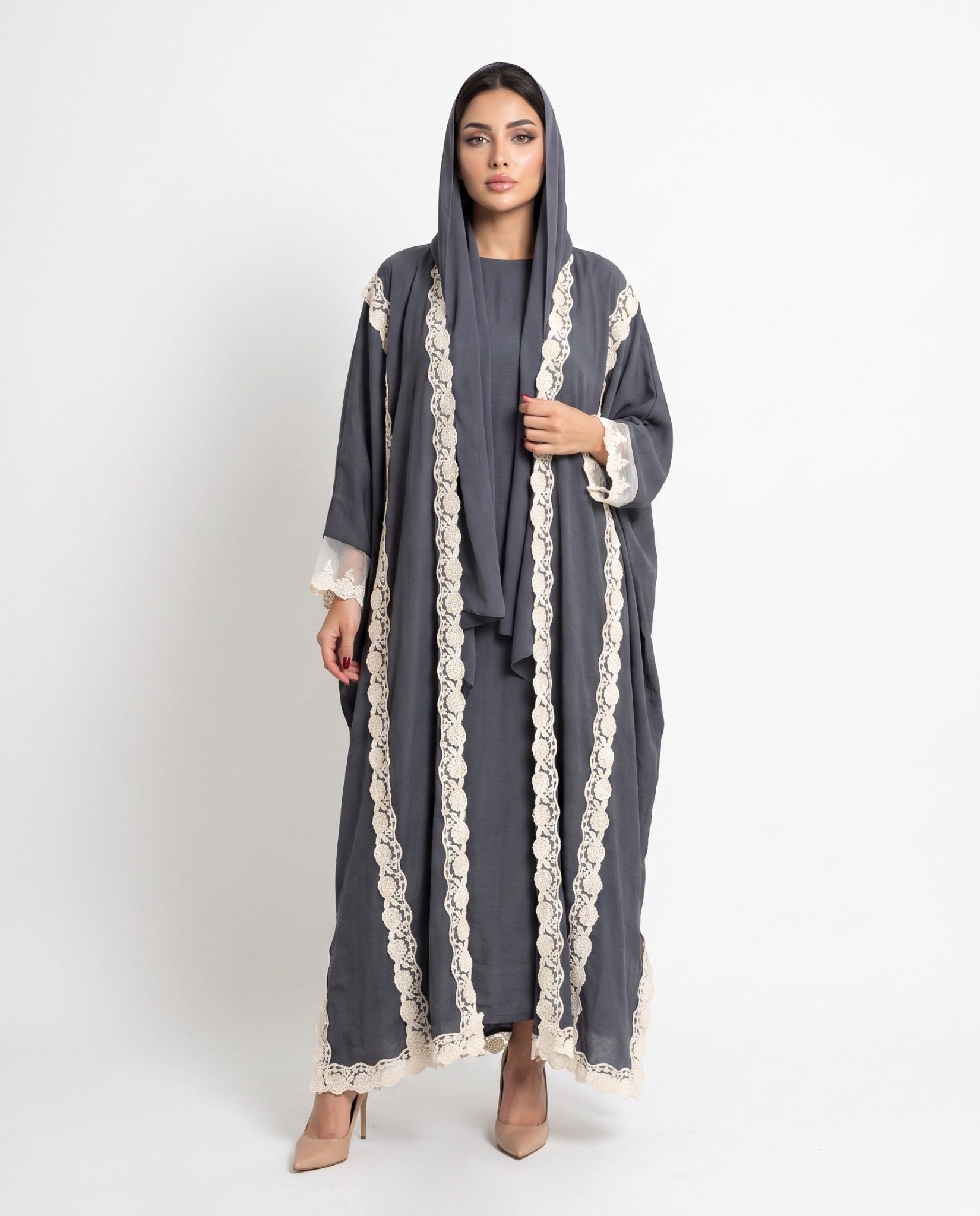 560SU-LSG-Light Slate Gray Linen Abaya - SUZAN MUZAFFAR - MIRA Y MANO