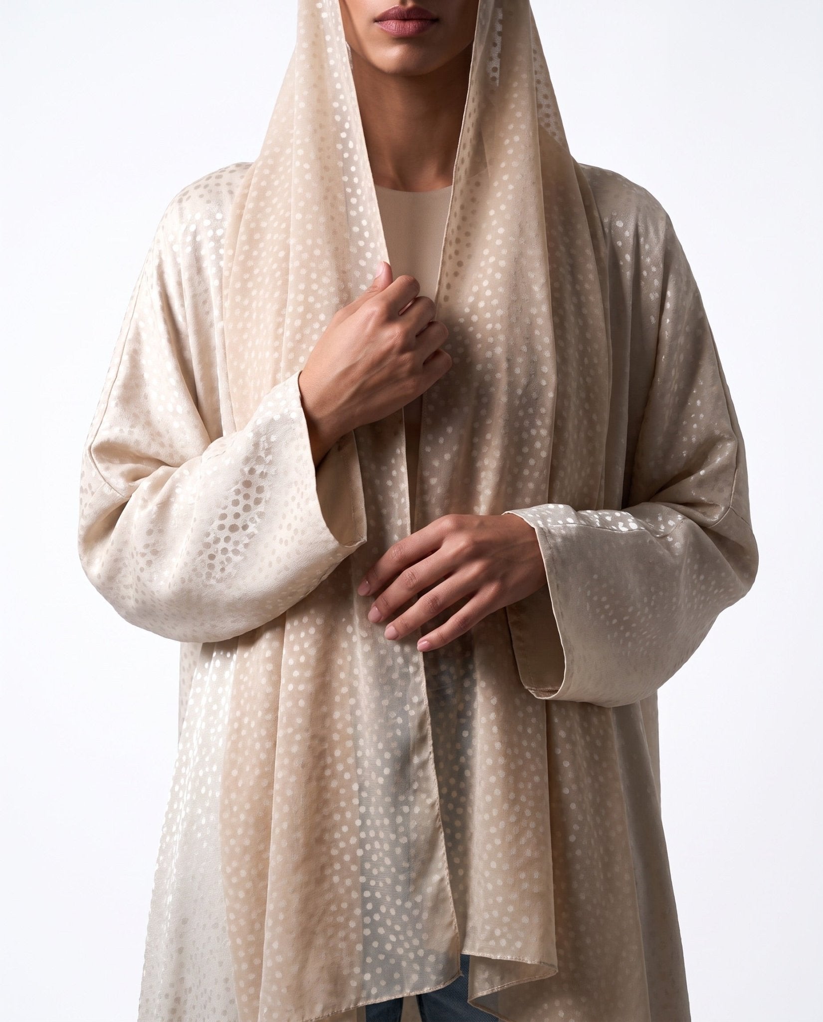 SCATTERED-BE - Beige Chiffon Abaya - TEAL - MIRA Y MANO