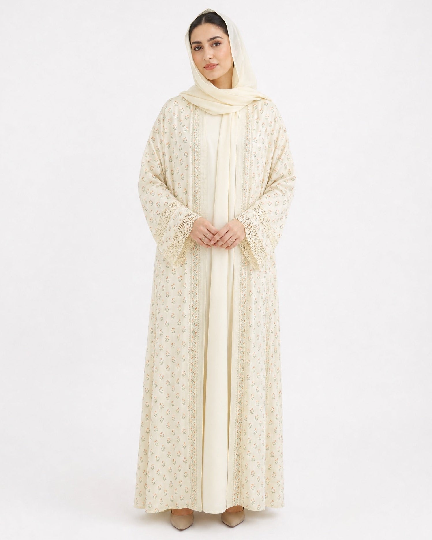 BT6563-E - Beige Crepe Abaya Set - THE DRESSING ROOM - MIRA Y MANO