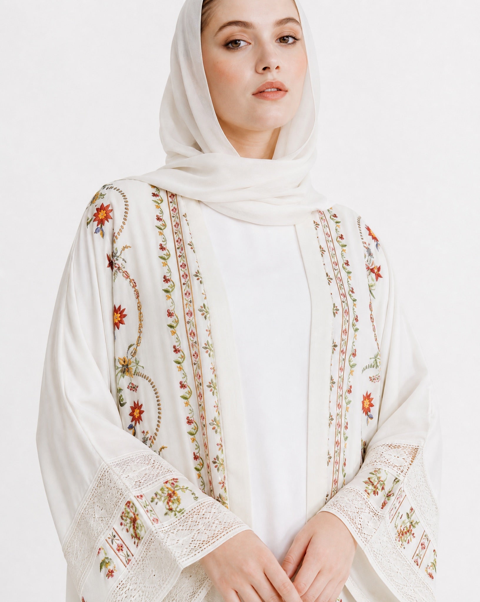 BT6563-S - Ivory Crepe Abaya Set - THE DRESSING ROOM - MIRA Y MANO