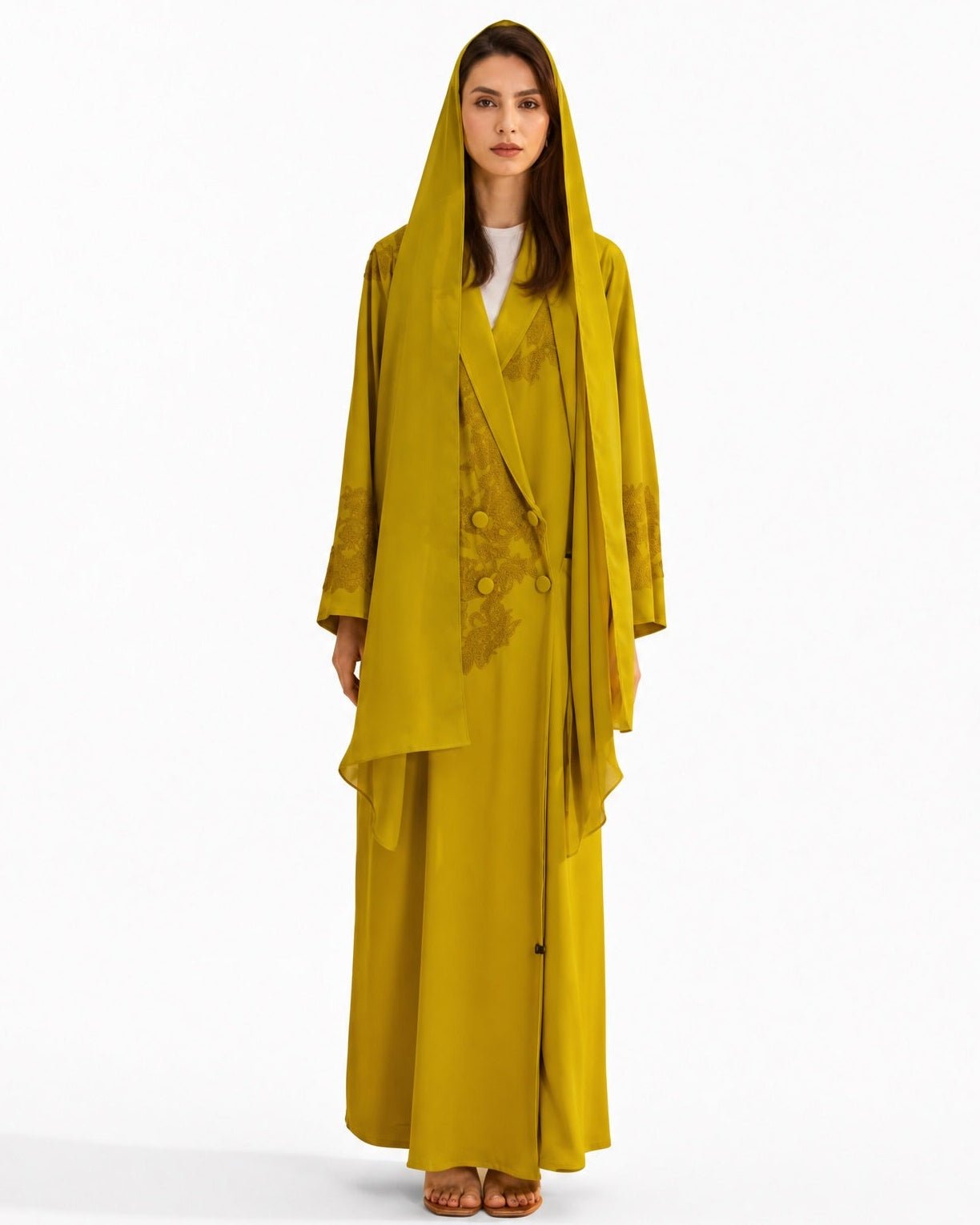 SUMMER26LOOK01 - Green Yellow Crepe Abaya - THE ORPHIC - MIRA Y MANO