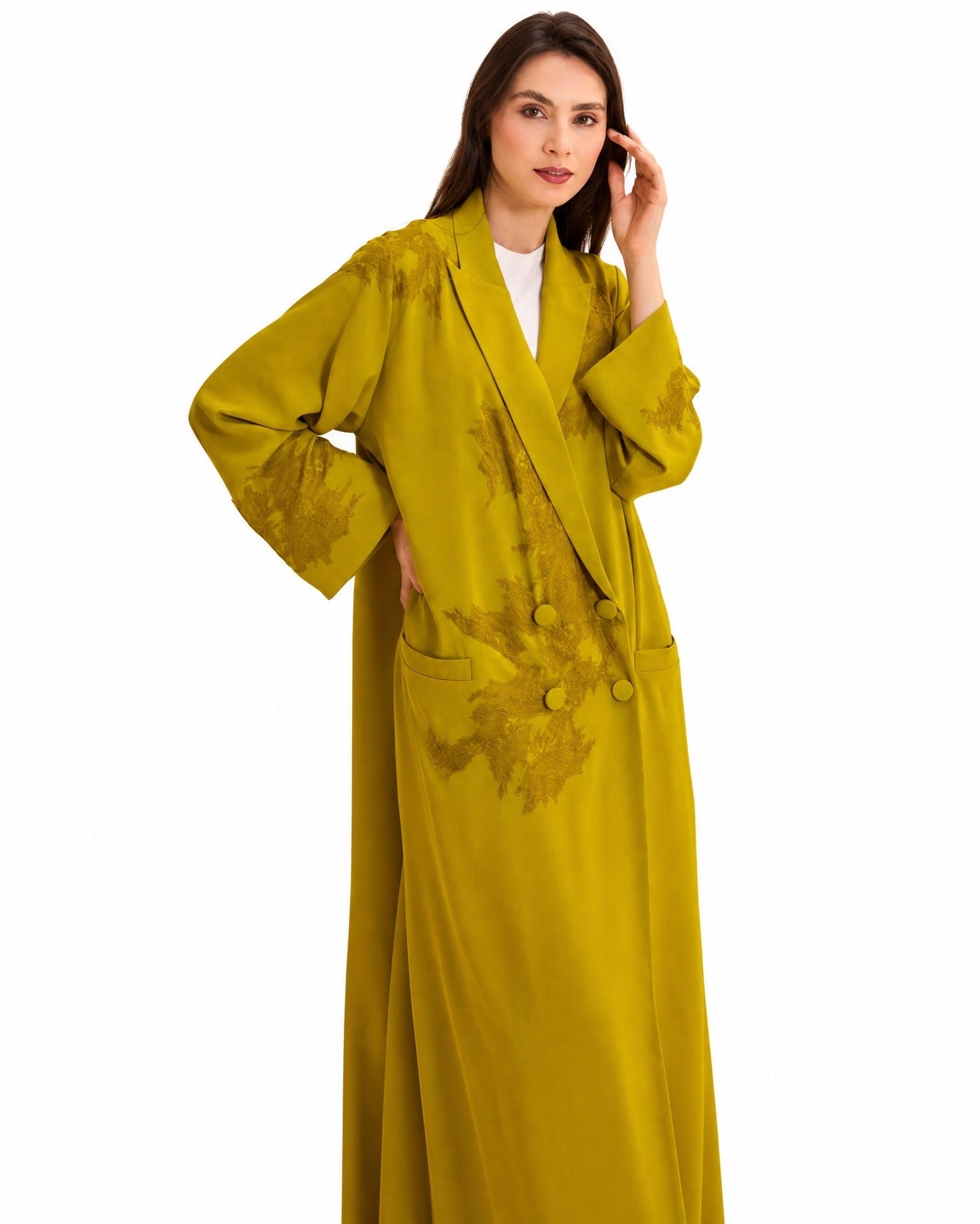 SUMMER26LOOK01 - Green Yellow Crepe Abaya - THE ORPHIC - MIRA Y MANO