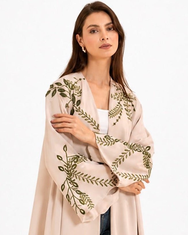 SUMMER26LOOK10 - Beige Crepe Abaya - THE ORPHIC - MIRA Y MANO