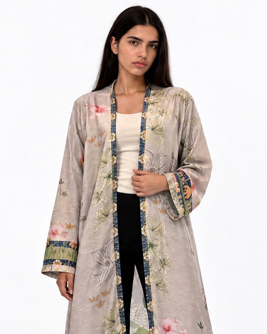 TYPING FROM TULUM - Light Gray Silk Abaya - THE UNTITLED PROJECT - MIRA Y MANO