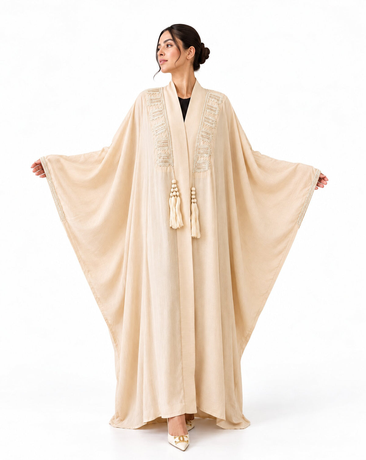 THE PEARL VEIL - Beige Washed Silk Abaya