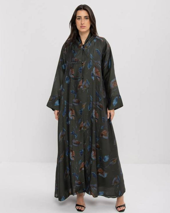 Printed Olive Chiffon Abaya