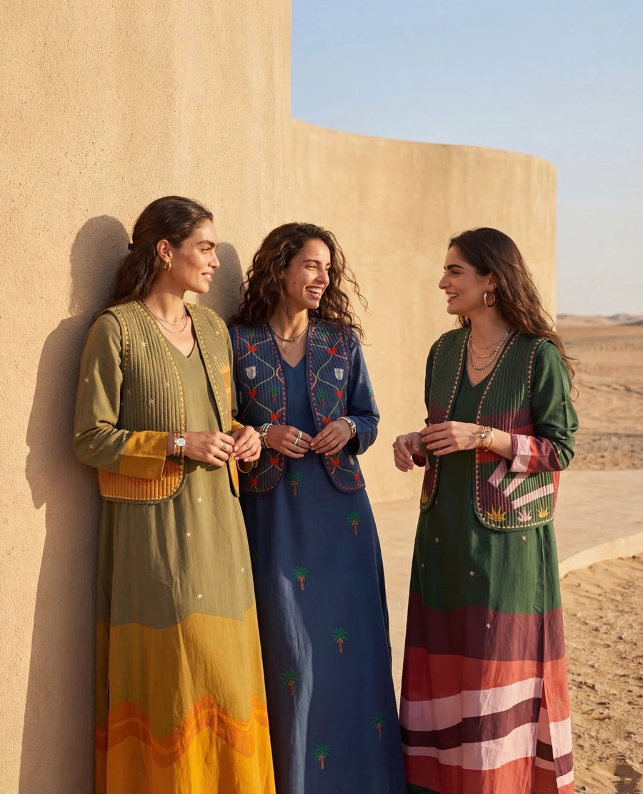 Three women in embroidered vests and long dresses against a desert wall