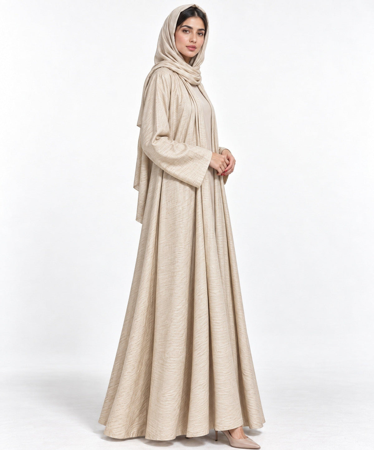 BEIGE-EMAN - Beige Cotton Silk Abaya - AMBER FEROZ - MIRA Y MANO