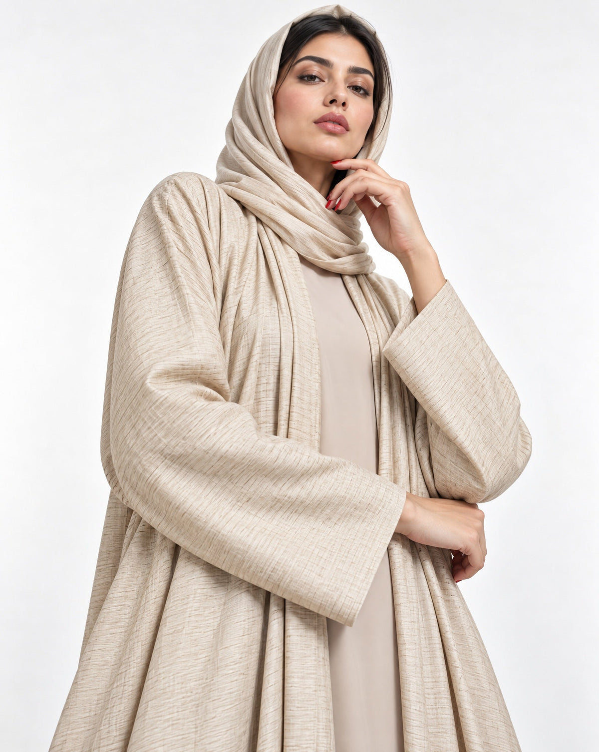 BEIGE-EMAN - Beige Cotton Silk Abaya - AMBER FEROZ - MIRA Y MANO