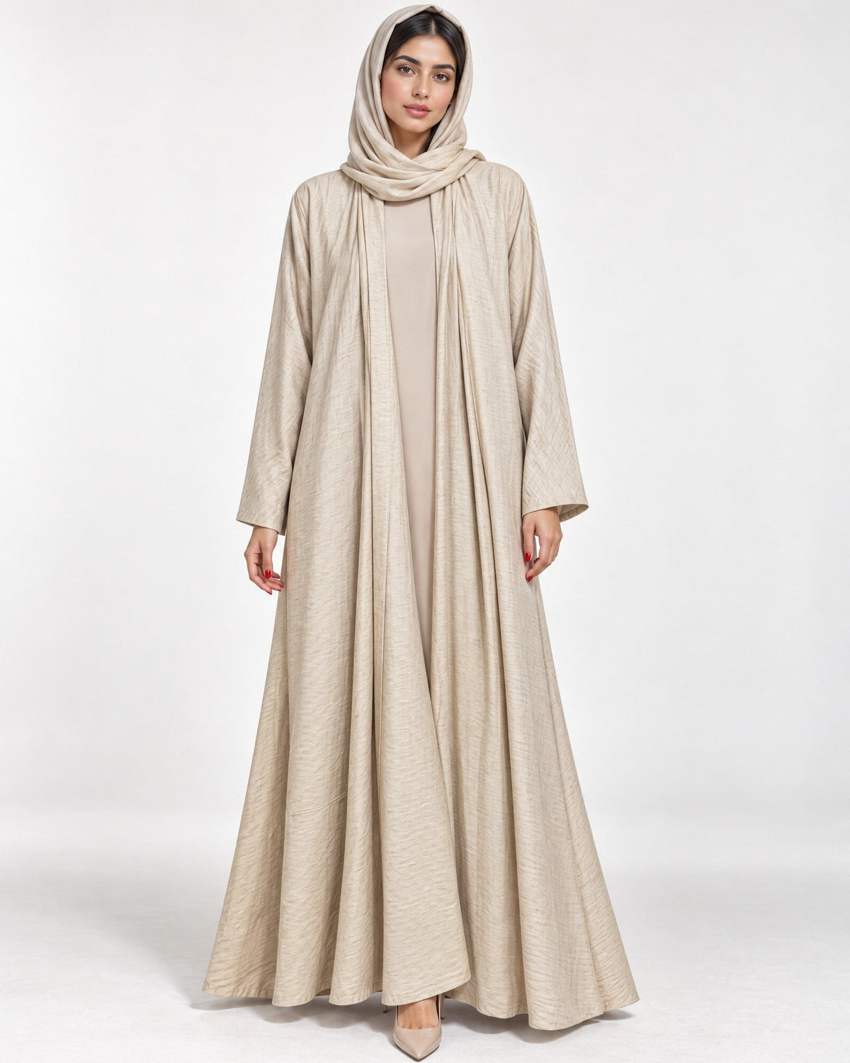 BEIGE-EMAN - Beige Cotton Silk Abaya - AMBER FEROZ - MIRA Y MANO
