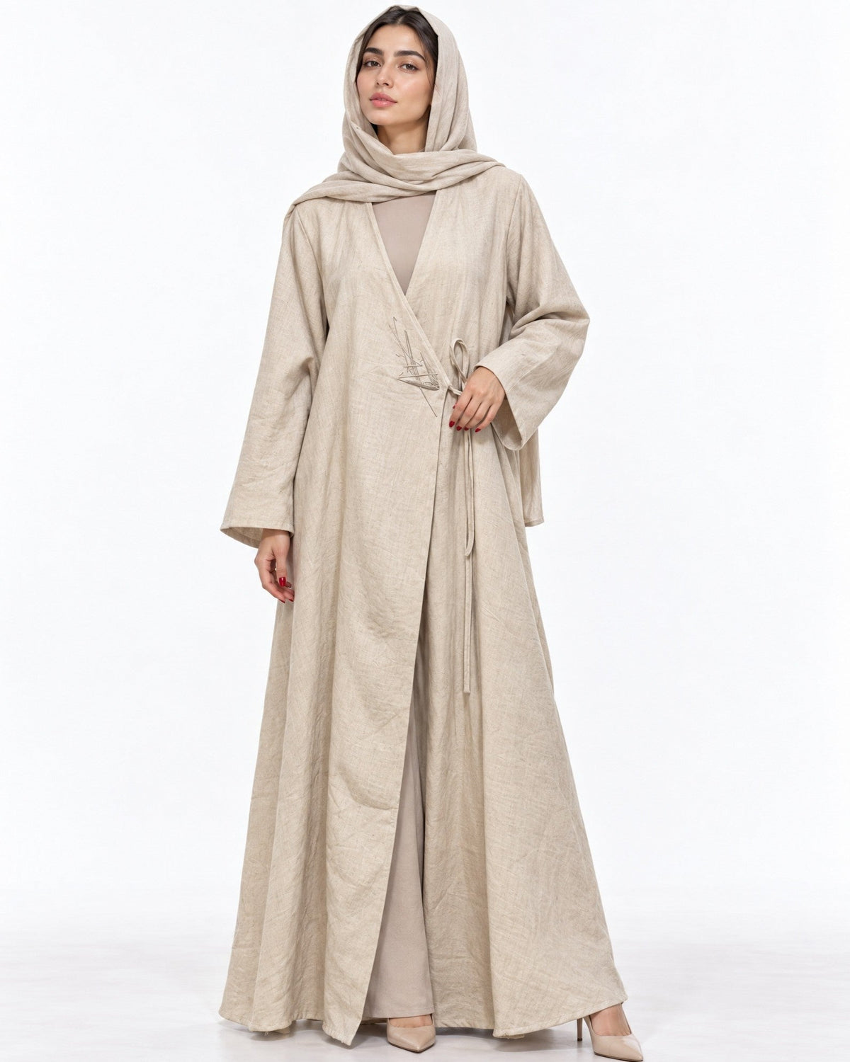 BG-ZULAIKHA - Beige Linen Abaya - AMBER FEROZ - MIRA Y MANO