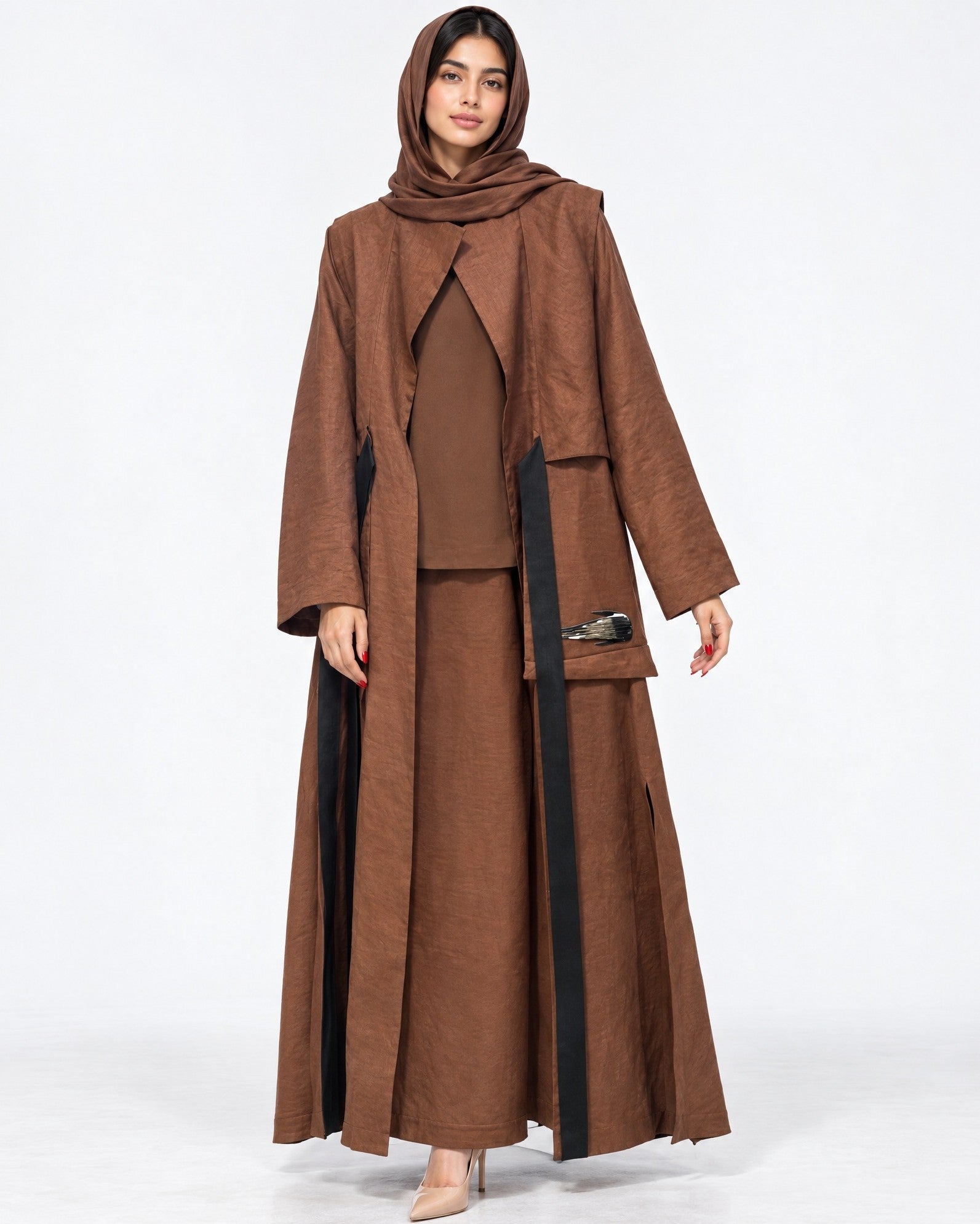 BRWN-GRACE - Chocolate Linen Abaya - AMBER FEROZ - MIRA Y MANO