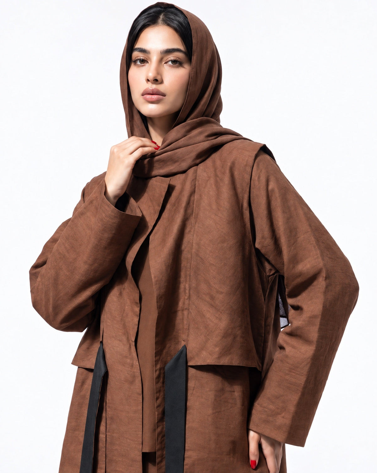 BRWN-GRACE - Chocolate Linen Abaya - AMBER FEROZ - MIRA Y MANO