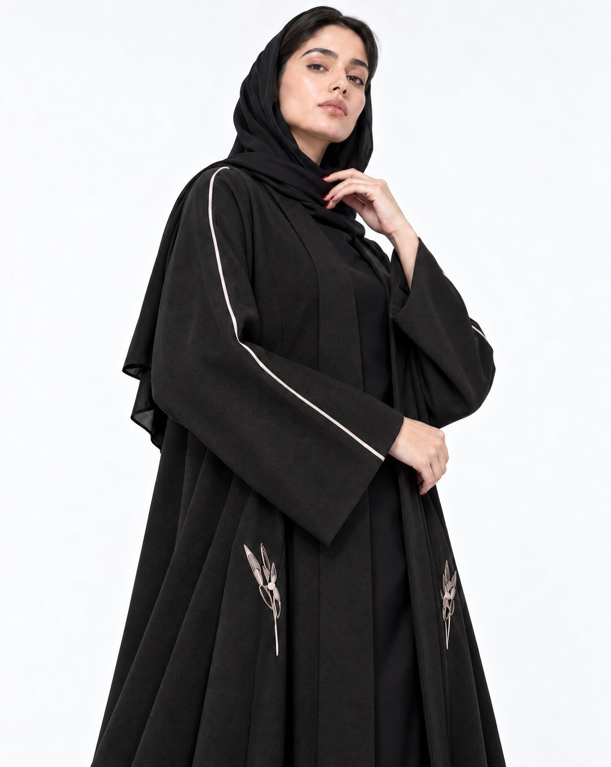 BUSHRA-BLK - Black Jacquard Abaya - AMBER FEROZ - MIRA Y MANO