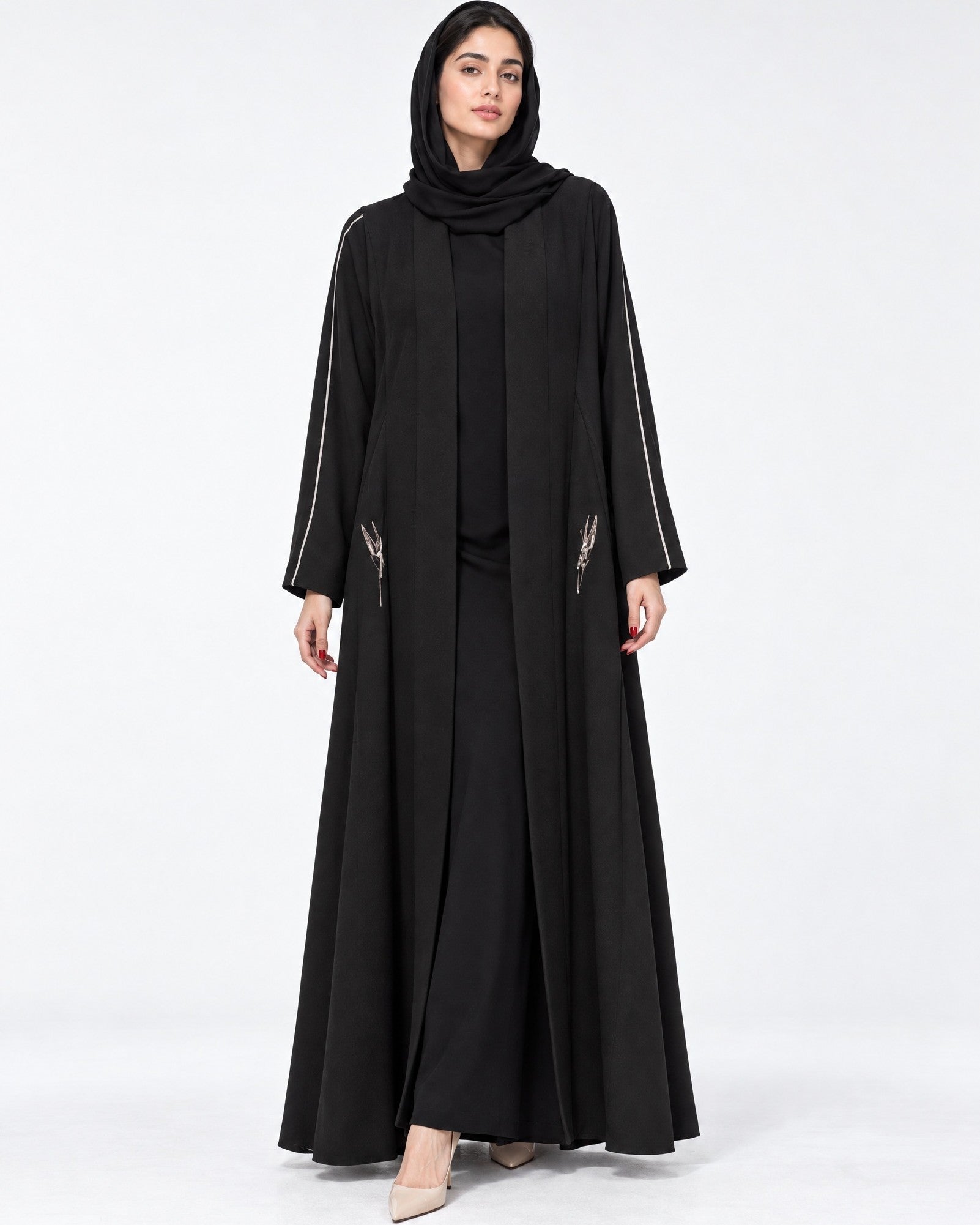 BUSHRA-BLK - Black Jacquard Abaya - AMBER FEROZ - MIRA Y MANO