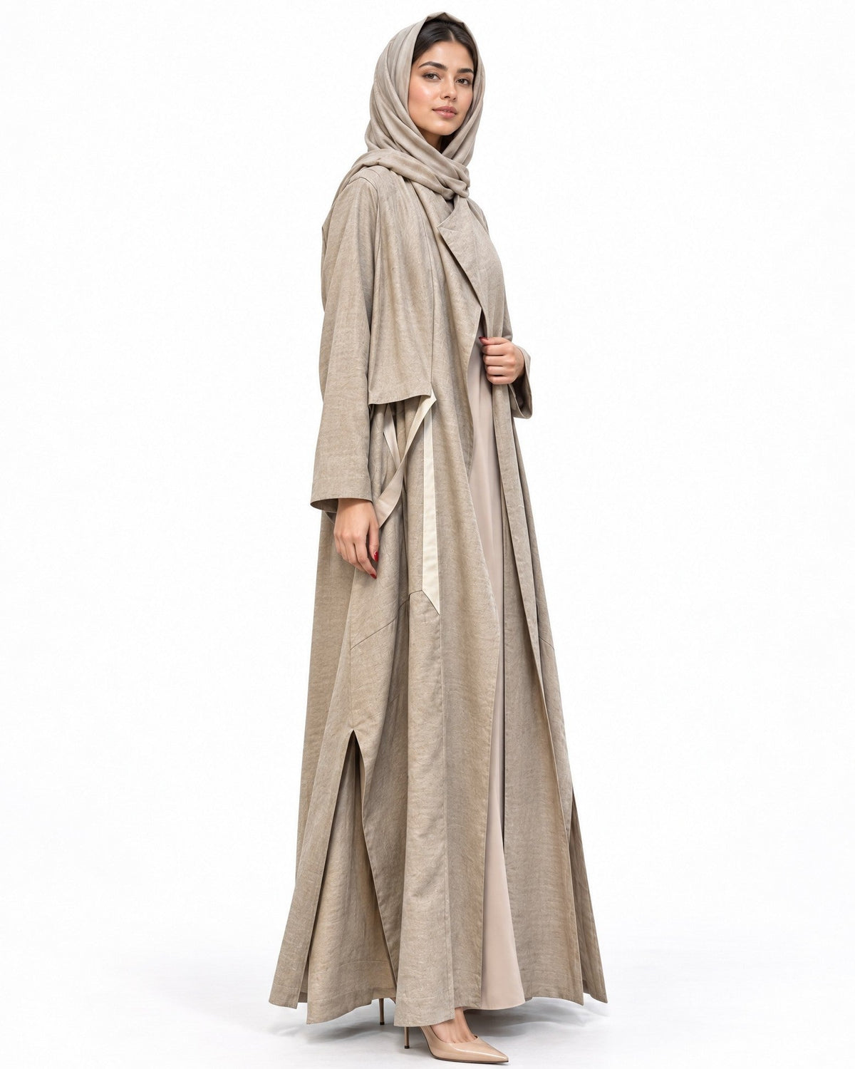 Grace Beige Linen Abaya - AMBER FEROZ - MIRA Y MANO