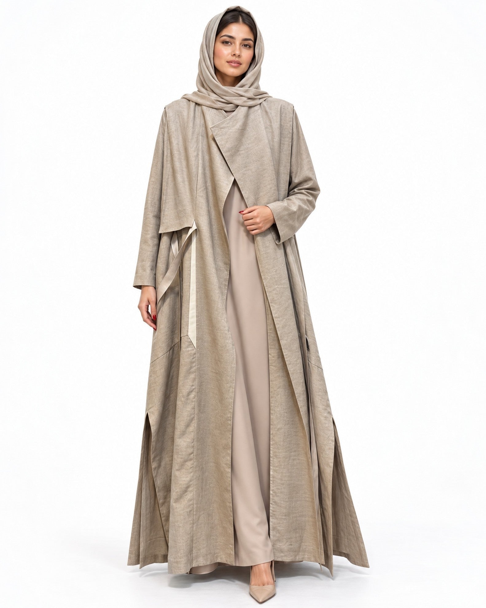 Grace Beige Linen Abaya - AMBER FEROZ - MIRA Y MANO