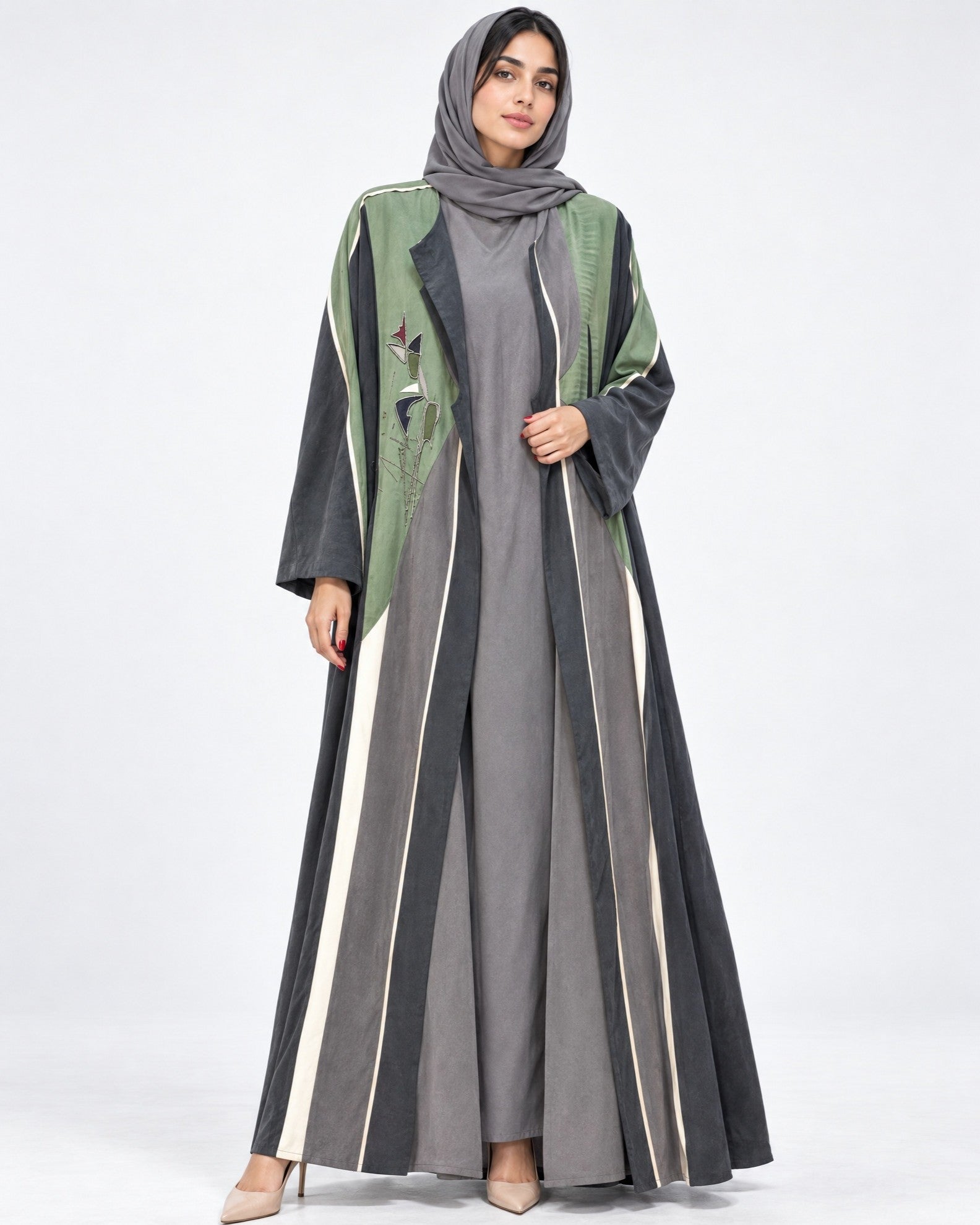 GRN-SAFIYA - Green Washed Silk Abaya Set - AMBER FEROZ - MIRA Y MANO