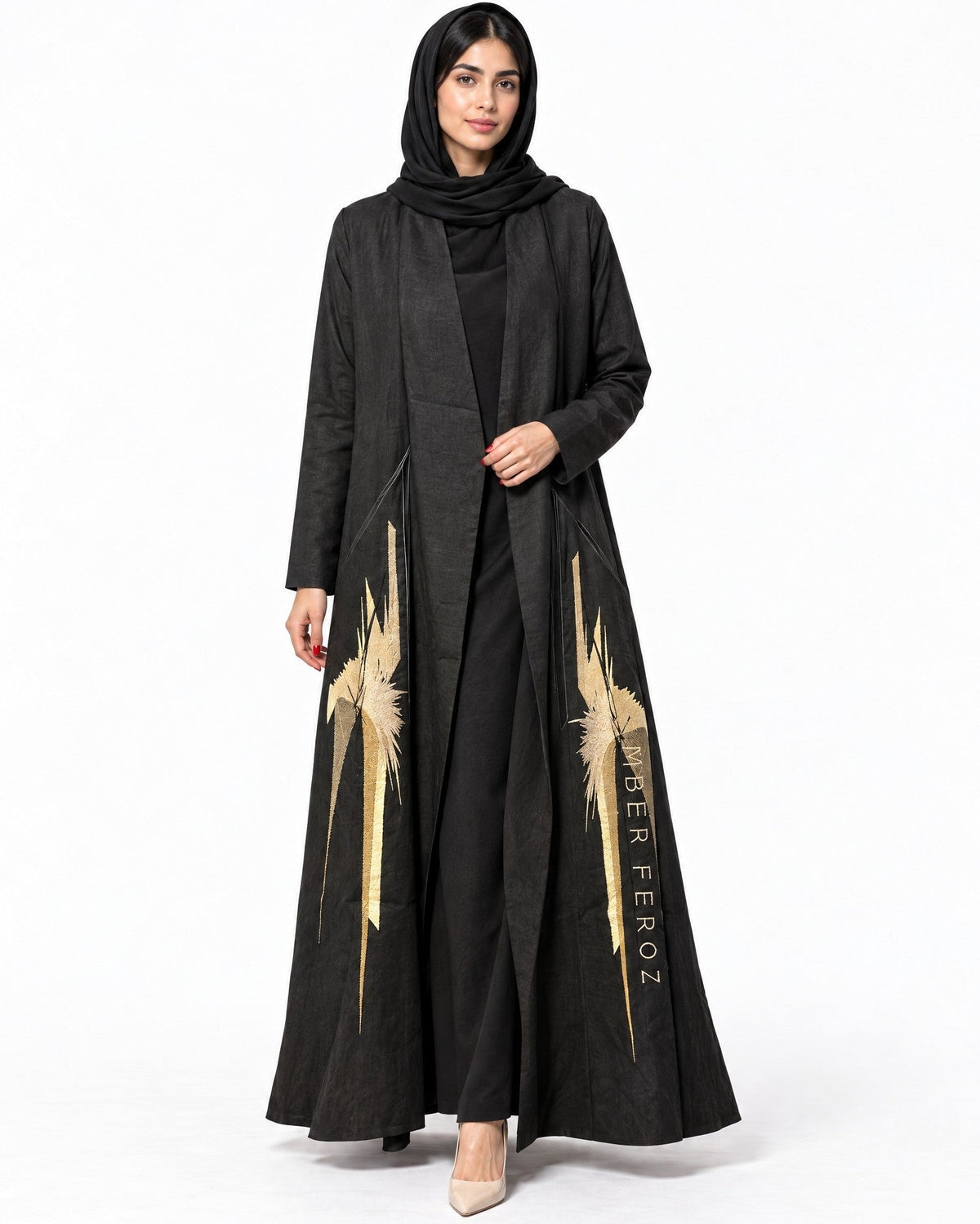 New Huriya Black Linen Abaya Set - AMBER FEROZ - MIRA Y MANO