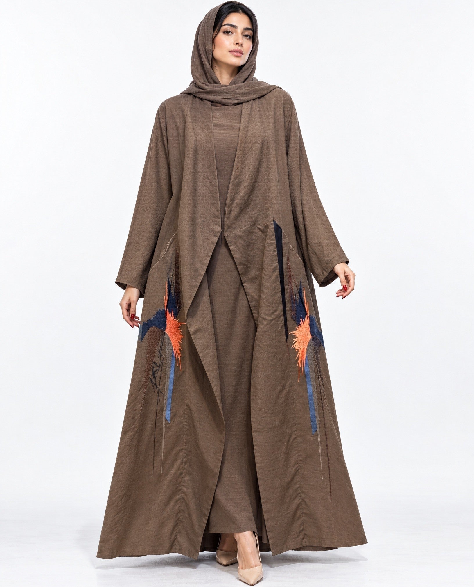 NEW HURIYA-BRW - Brown Linen Abaya Set - AMBER FEROZ - MIRA Y MANO