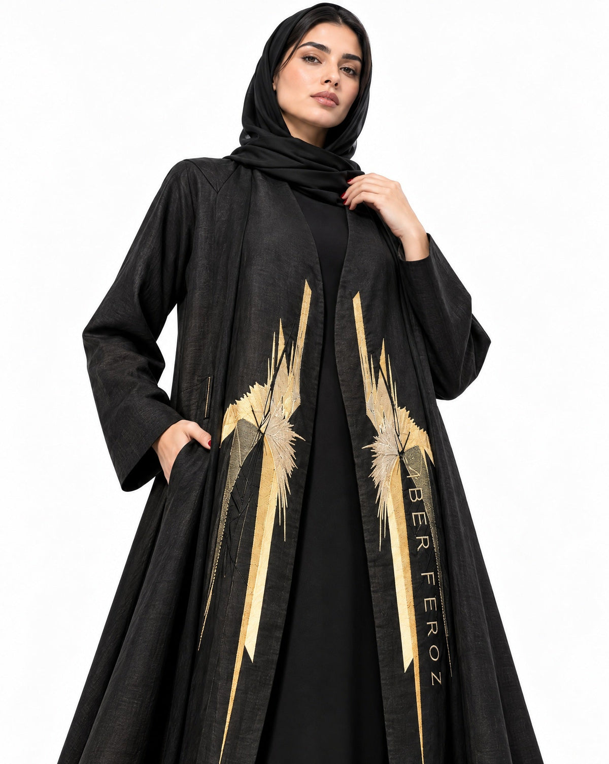 R002 – طقم عباية من الكتان الأسود – صورة المنتج 3
