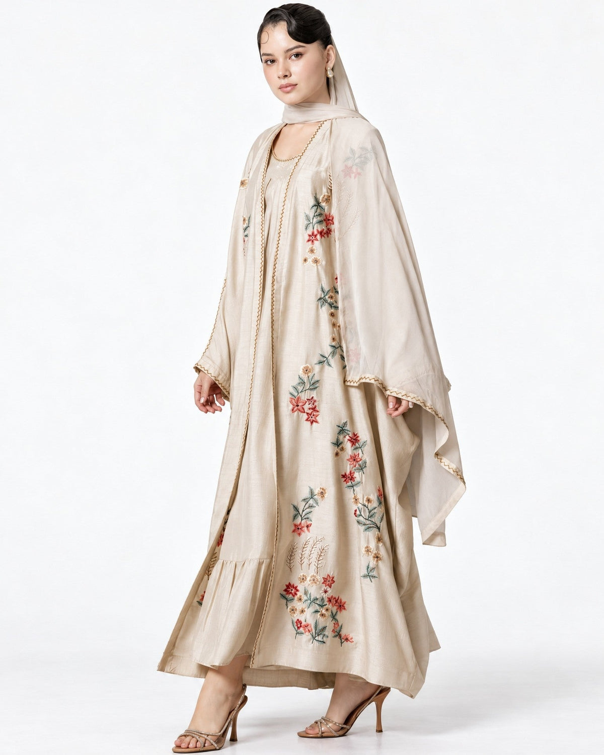 LUBABA – Beige Silk Abaya Set - AMORE MIO BY HITU - MIRA Y MANO
