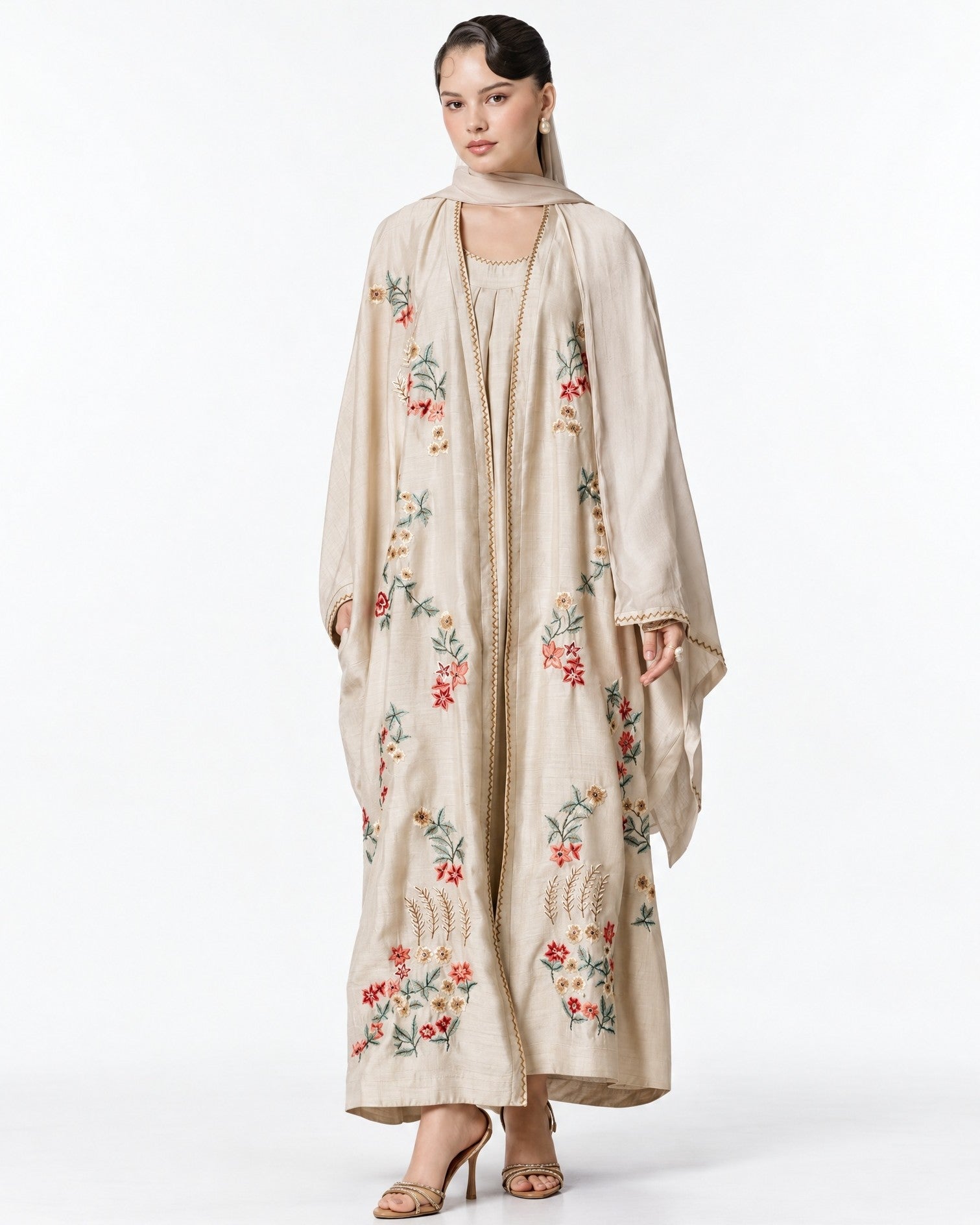 LUBABA – Beige Silk Abaya Set - AMORE MIO BY HITU - MIRA Y MANO