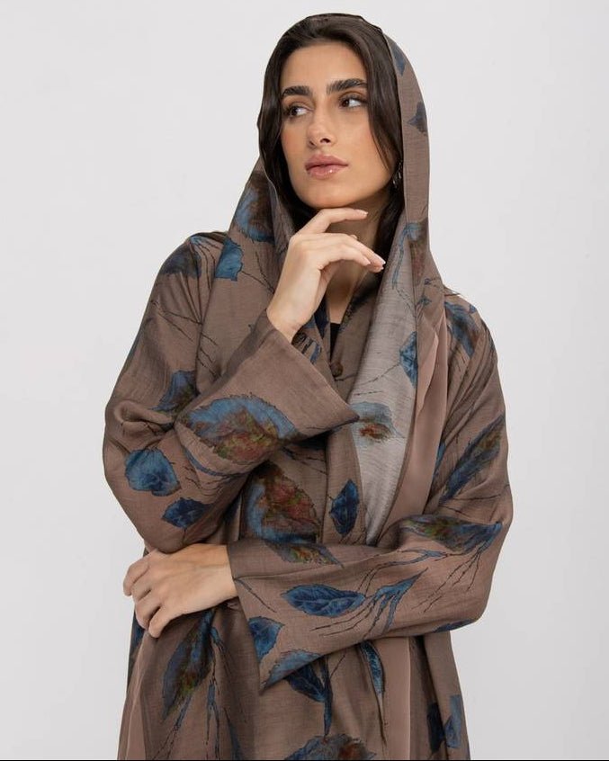 Beige Printed Chiffon Abaya - ASDAF LINE - MIRA Y MANO