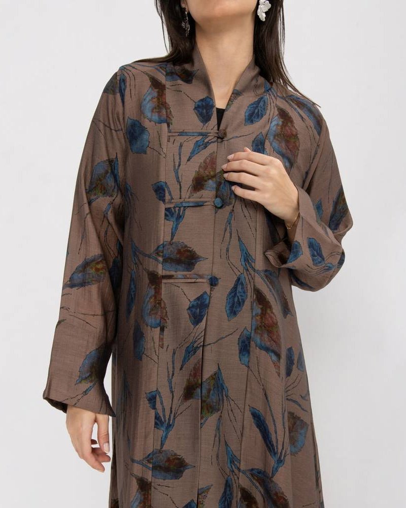 Beige Printed Chiffon Abaya - ASDAF LINE - MIRA Y MANO
