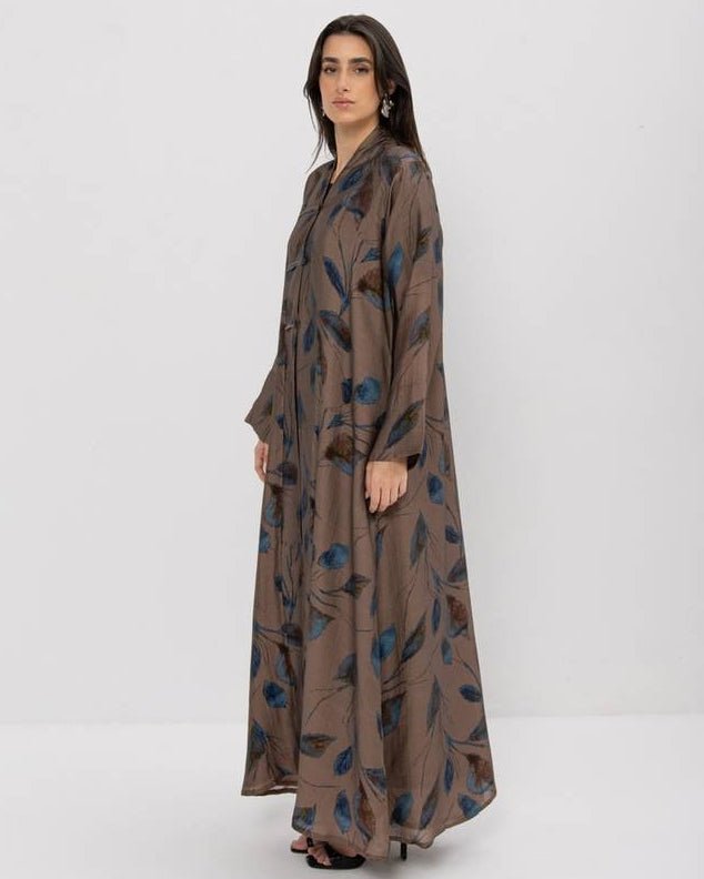 Beige Printed Chiffon Abaya - ASDAF LINE - MIRA Y MANO