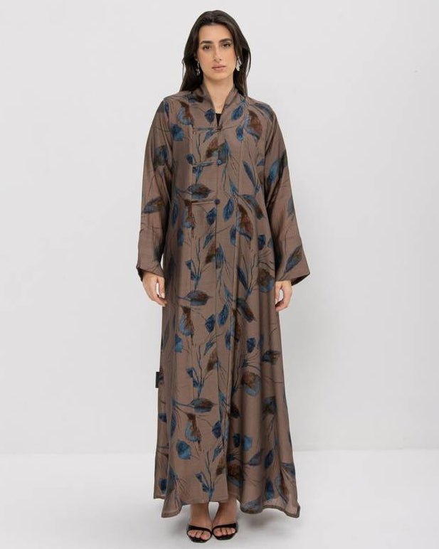 Beige Printed Chiffon Abaya - ASDAF LINE - MIRA Y MANO