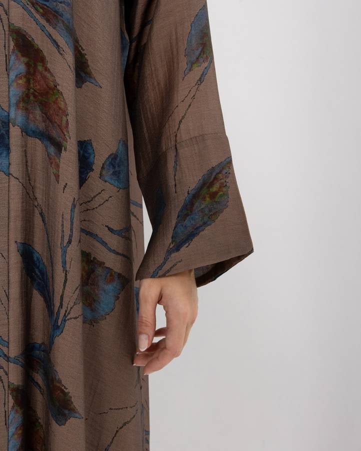 Beige Printed Chiffon Abaya - ASDAF LINE - MIRA Y MANO