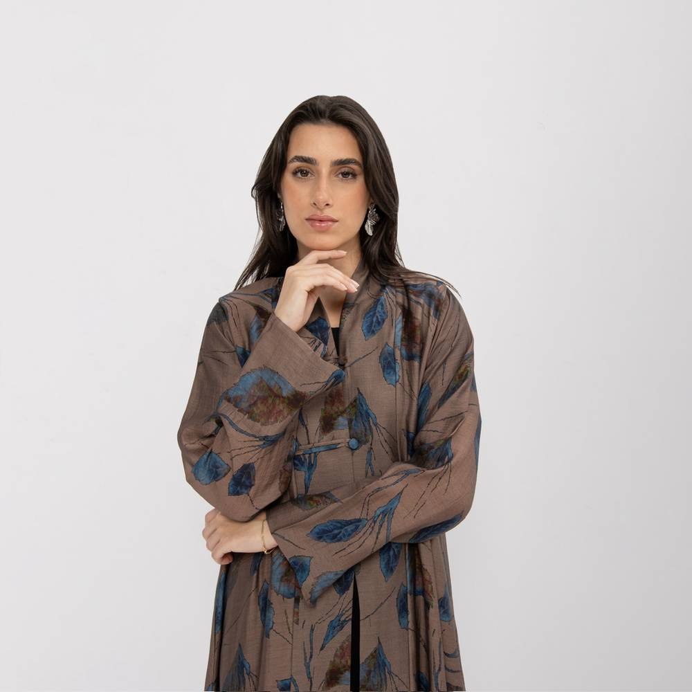 Beige Printed Chiffon Abaya - ASDAF LINE - MIRA Y MANO