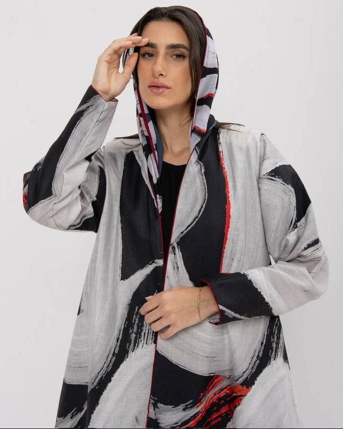Black and White Linen Printed Abaya - ASDAF LINE - MIRA Y MANO
