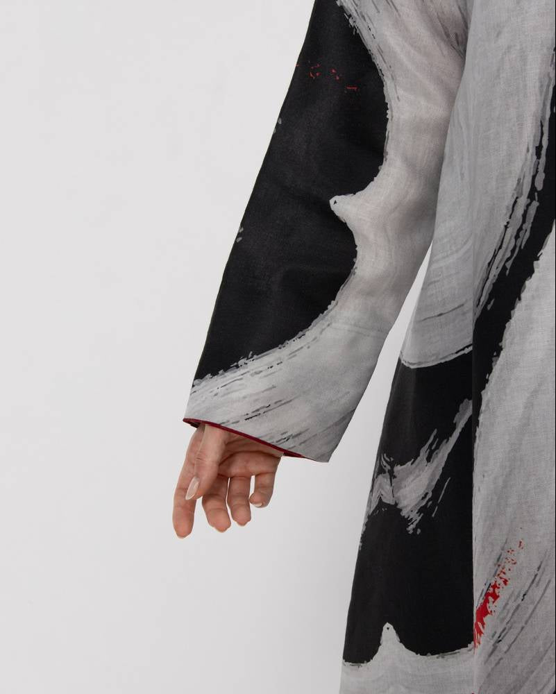 Black and White Linen Printed Abaya - ASDAF LINE - MIRA Y MANO