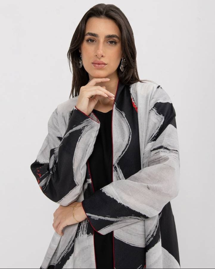 Black and White Linen Printed Abaya - ASDAF LINE - MIRA Y MANO