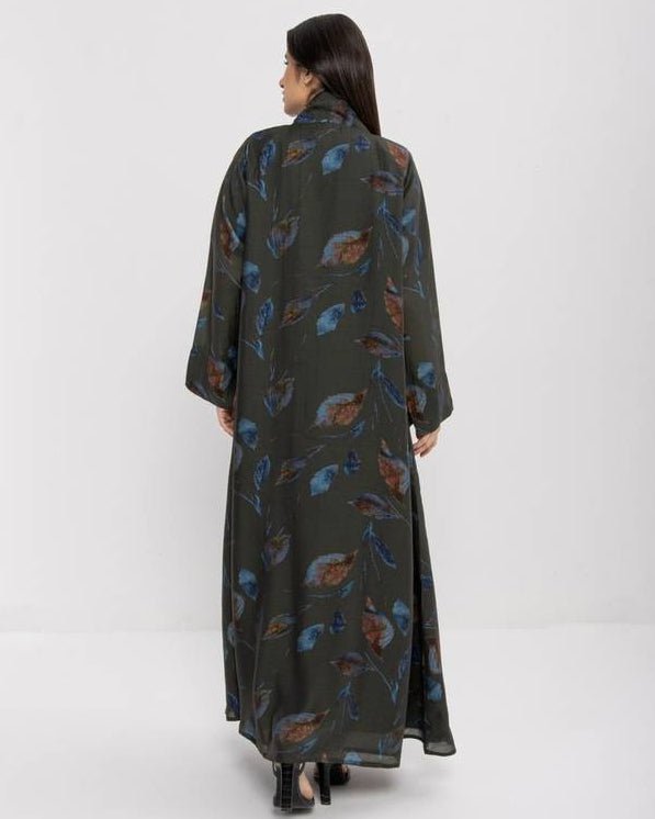 Printed Olive Chiffon Abaya - ASDAF LINE - MIRA Y MANO
