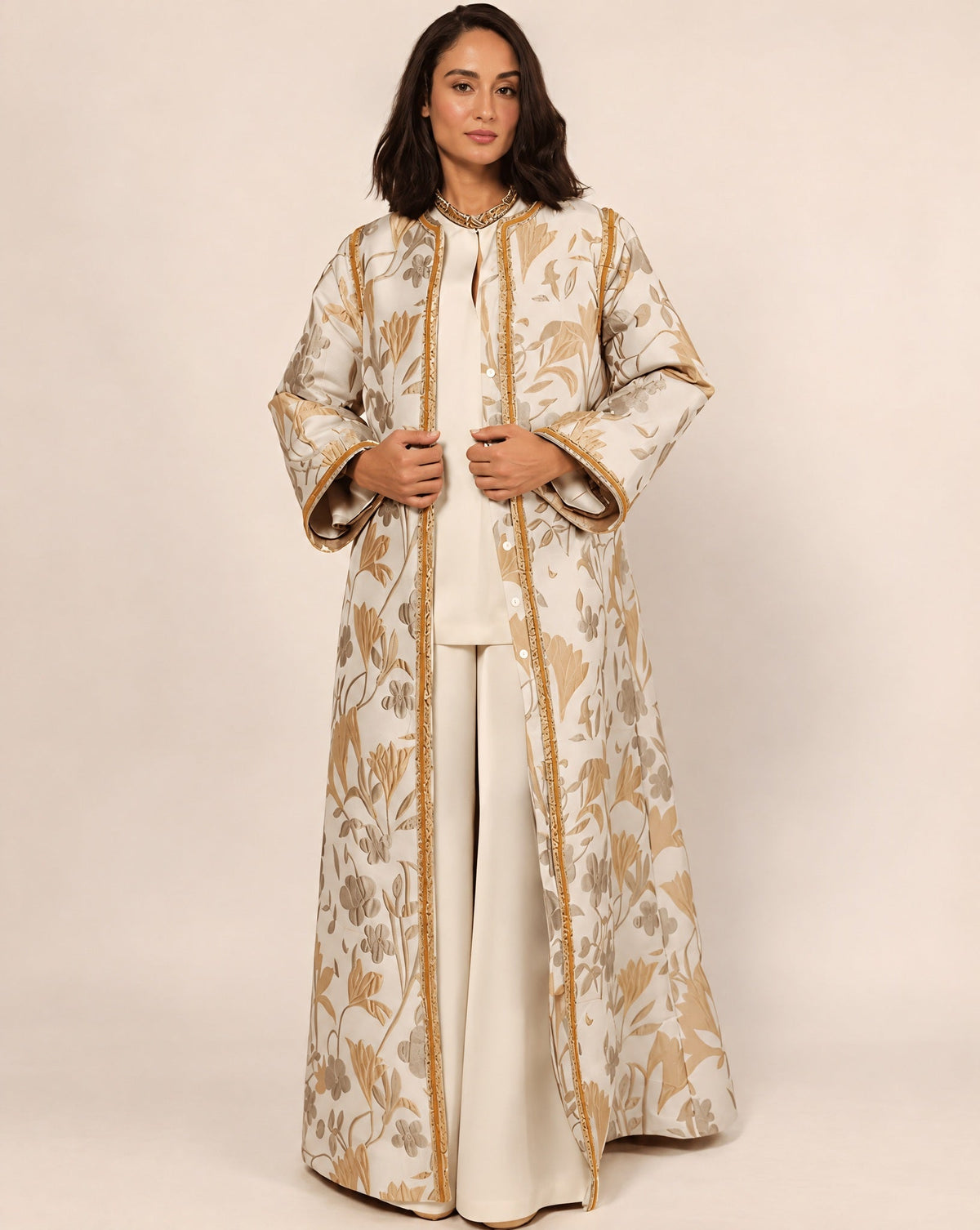 SS26-21WT-AZIZA – White Jacquard Abaya - MIRA Y MANO