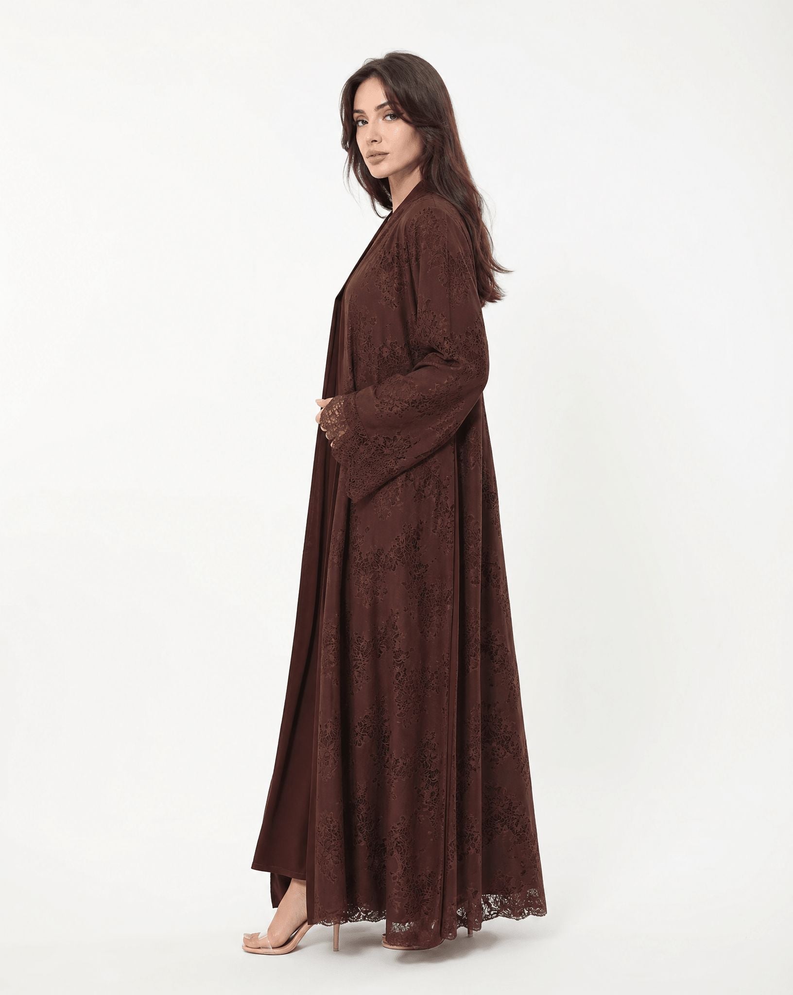 BROWN MIDNIGHT LACE ABAYA - BY NOUF - MIRA Y MANO