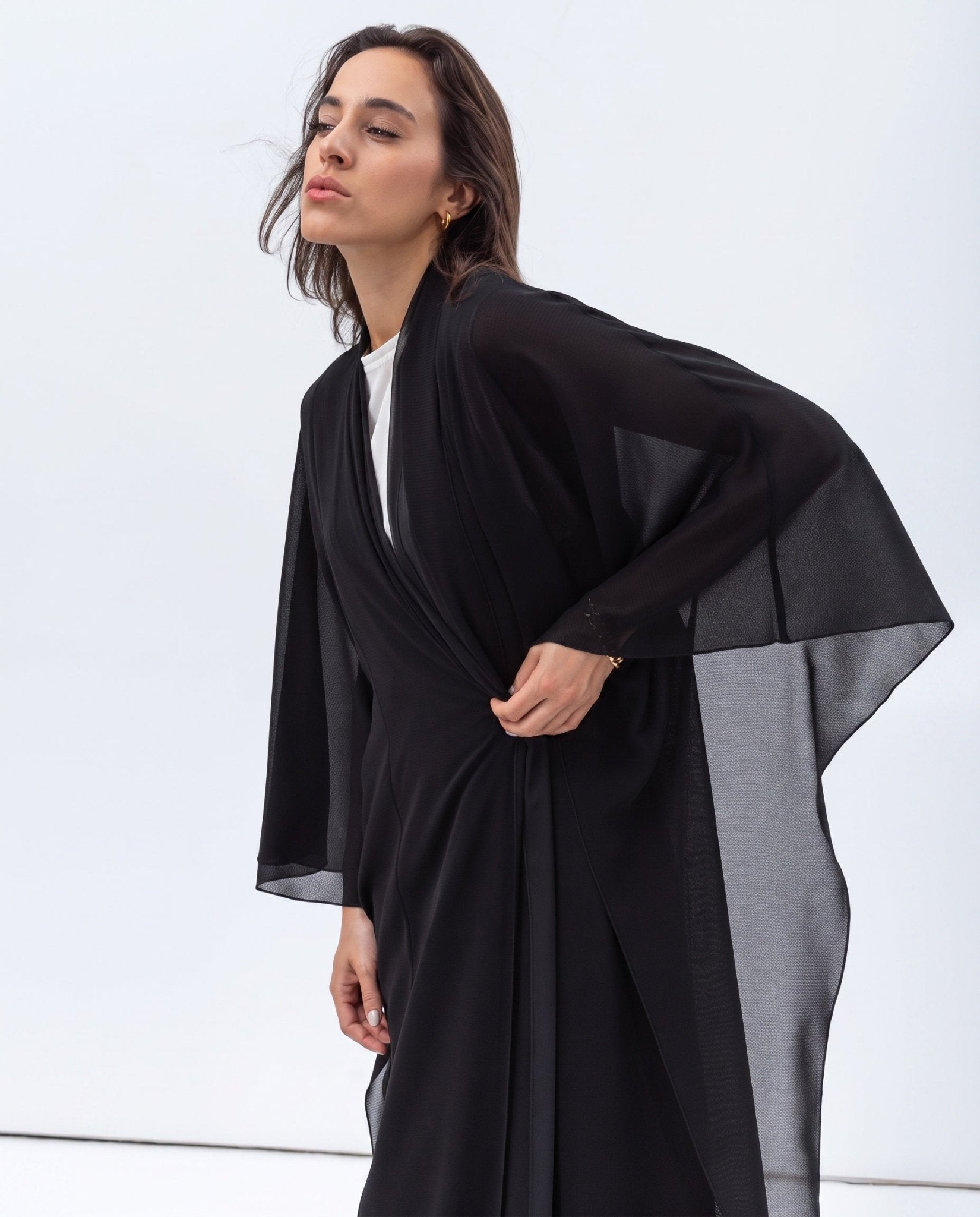 AB-FL-2LYR-CHKBLK – Black Georgette Abaya - CHIKA - MIRA Y MANO