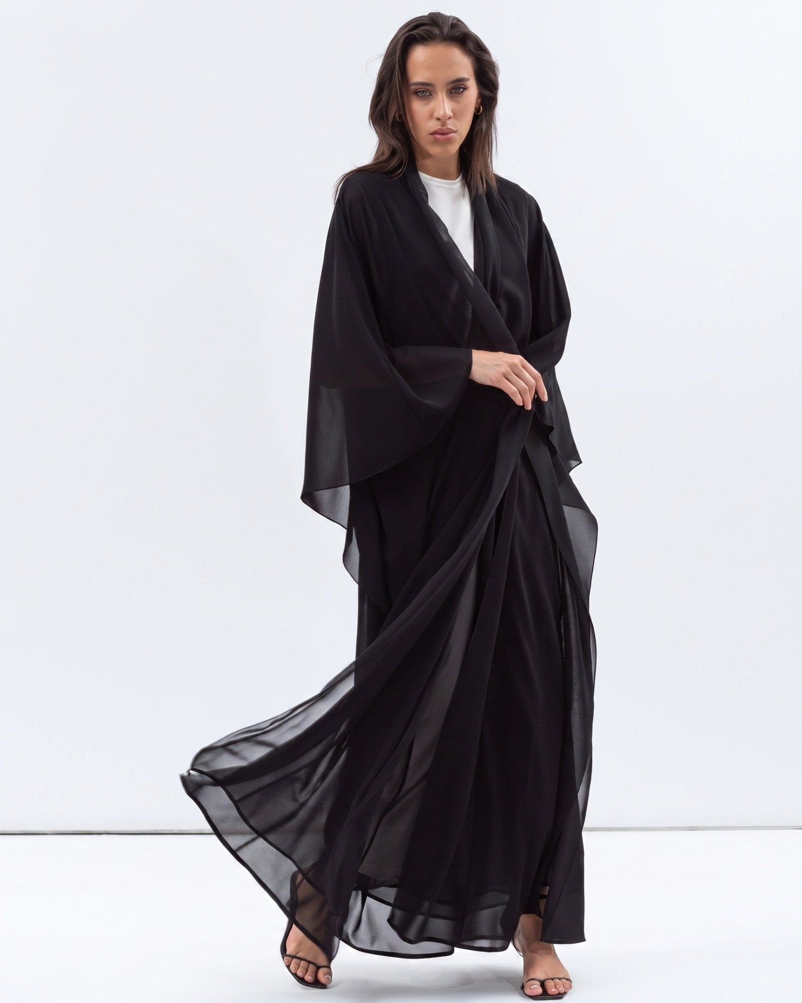 AB-FL-2LYR-CHKBLK – Black Georgette Abaya - CHIKA - MIRA Y MANO