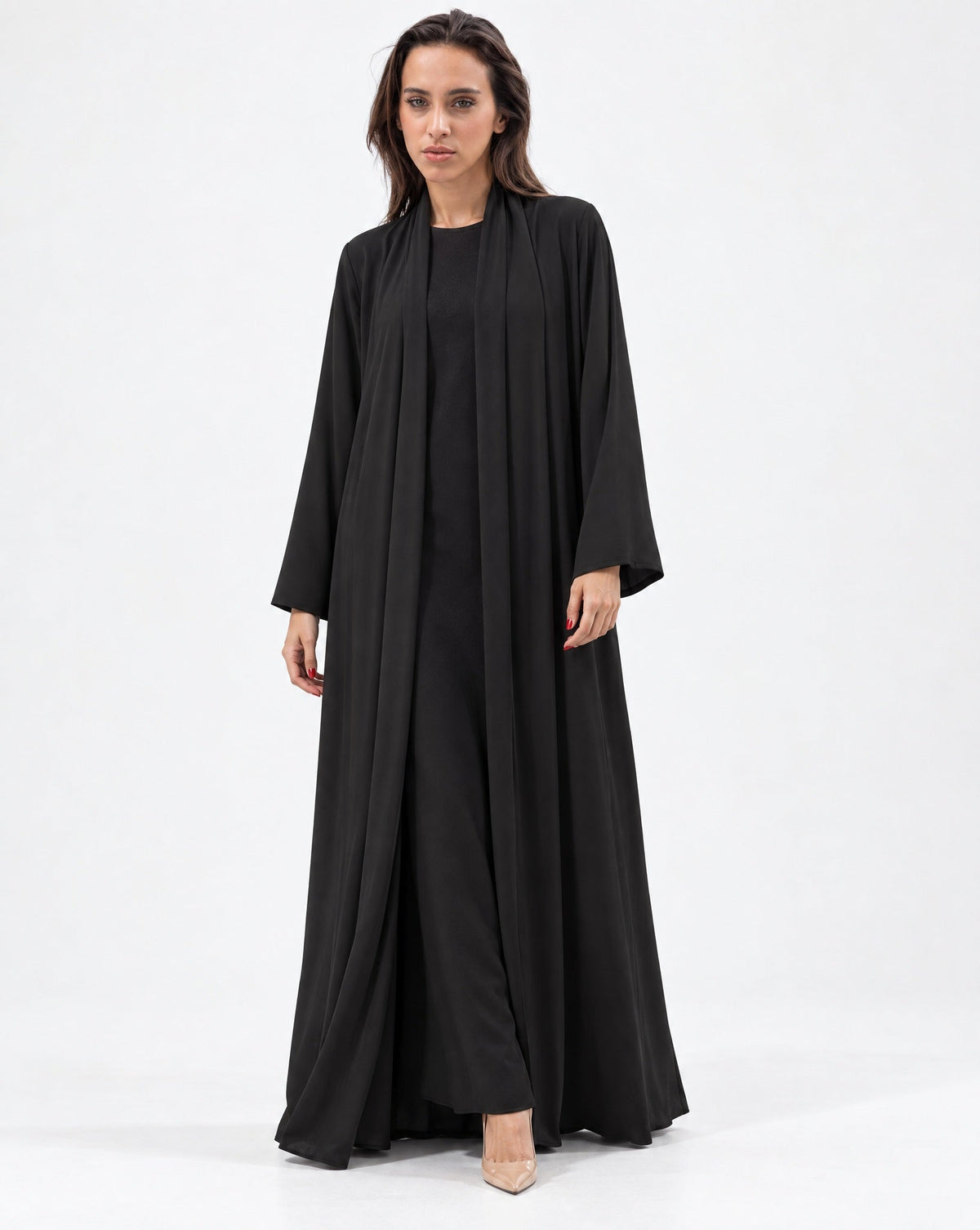 Fluid Shawl Lapel Abaya in Black - CHIKA - MIRA Y MANO